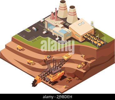 Composizione mineraria isometrica con immagini di edifici di fabbrica e di opencast miniera con attrezzatura estrattiva per l'illustrazione vettoriale dell'estrazione in cava Illustrazione Vettoriale