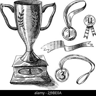 Trofeo e premi icone decorative sketch set di medaglia vincitore illustrazione vettoriale con coppa isolata Illustrazione Vettoriale