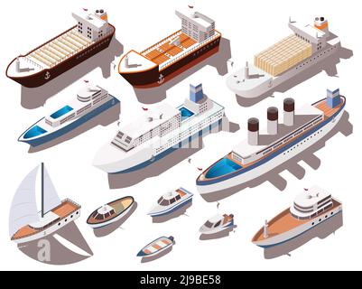 Navi e imbarcazioni di diverse dimensioni, con set isometrico colorato isolato immagine vettoriale 3d su sfondo bianco Illustrazione Vettoriale