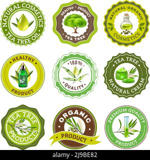Set di confezionamento con logo emblema di prodotti biologici di alta qualità per l'albero del tè isolato su sfondo bianco immagine vettoriale realistica Illustrazione Vettoriale