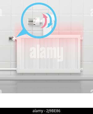 Composizione concettuale del radiatore con immagine piatta della batteria del riscaldatore e. immagine ingrandita del vettore del regolatore di temperatura dell'acqua rotazionale Illustrazione Vettoriale