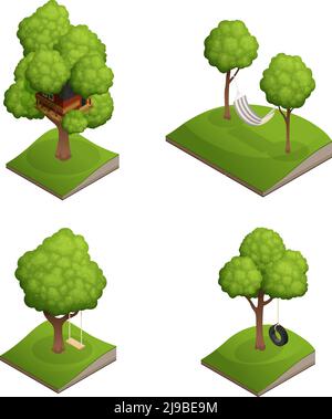 Set di basculanti per alberi da cantiere con quattro immagini isolate di cinghie illustrazione vettoriale di pneumatici per auto con sega a tazza Illustrazione Vettoriale