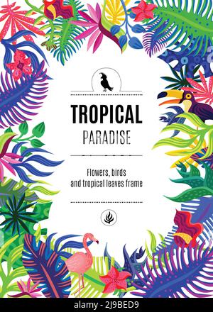 Paradiso tropicale piante esotiche fiori e uccelli colorati ornamentali luminoso immagine vettoriale astratta del poster di sfondo del riquadro rettangolare Illustrazione Vettoriale