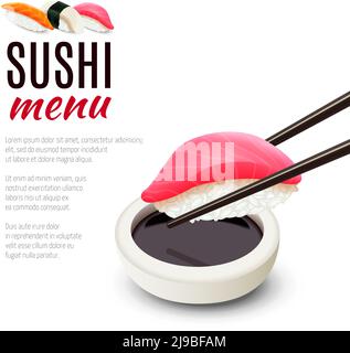 Tonno pesce con chopsticks e salsa di soia sushi menu realistico illustrazione vettoriale di sfondo Illustrazione Vettoriale
