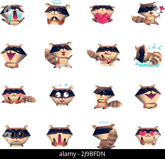 Raccoon animation cartoon personaggio umore icone grande collezione insieme con sonnolento amore felice sorpresi simboli isolato vettore illustrazione Illustrazione Vettoriale