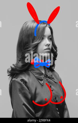 Opere d'arte contemporanea. Ritratto fumetto di giovane donna elegante con disegni luminosi, scarabocchi. Concetto di arte, creazione, aspirazione, umorismo, caricatura. Foto Stock