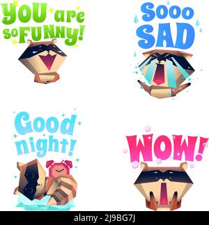 Divertente raccoon fictional cartone animato personaggio 4 icone composizione in divertente illustrazione vettoriale isolata dall'umore triste e assonnato Illustrazione Vettoriale