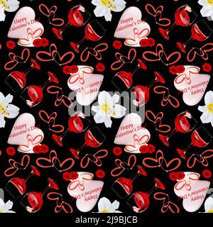 Modello senza cuciture per San Valentino con cuori rosa al cioccolato, bicchieri da vino, saluti e fiori su sfondo nero Foto Stock