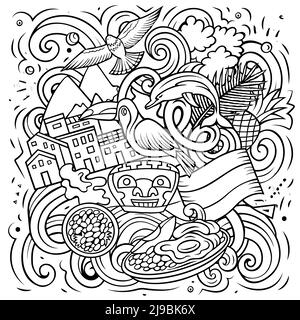 Colombia disegno a mano cartoon doodles illustrazione. Divertente disegno di viaggio colombiano. Sfondo vettoriale creativo. Elementi e oggetti del paese dell'America Latina Illustrazione Vettoriale