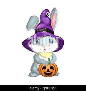 Simpatico coniglio in cappello di strega con zucca, scopa, pozione. Felice Halloween festival concetto. Anno 2023 lepre personaggio mascotte. Illustrazione Vettoriale