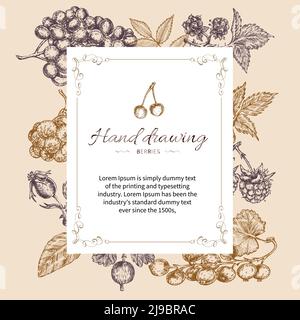 Frullato a lettere con cornice decorativa con titolo calligrafico su beige sfondo con illustrazione vettoriale di frutti disegnati a mano Illustrazione Vettoriale