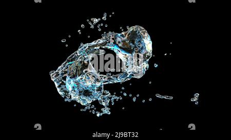 Blu spruzzi d'acqua su nero Crystal Clear Liquid Super Slow Motion 1000 fps 3D rendering Foto Stock