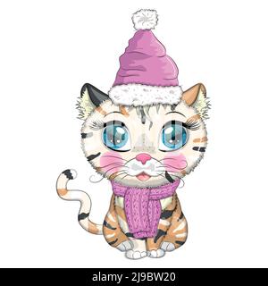 Carino gatto cartoon che indossa cappello e sciarpa di santa. Inverno 2023, Natale e Capodanno cinese Illustrazione Vettoriale