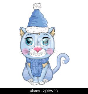 Carino gatto cartoon che indossa cappello e sciarpa di santa. Inverno 2023, Natale e Capodanno cinese Illustrazione Vettoriale