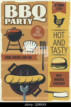 Poster in stile antico con simboli barbecue caldi e gustosi con testo modificabile e illustrazione vettoriale salsiccia Illustrazione Vettoriale