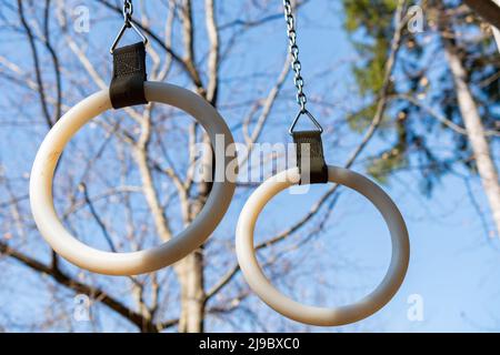 Schaan, Liechtenstein, 4 aprile 2022 anelli di ginnastica appesi in un parco sportivo in una foresta Foto Stock