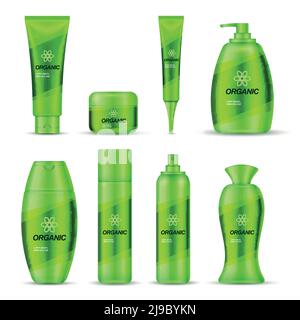 Set di confezioni cosmetiche di colore verde con shampoo deodorante di crema e sapone isolato illustrazione vettoriale Illustrazione Vettoriale