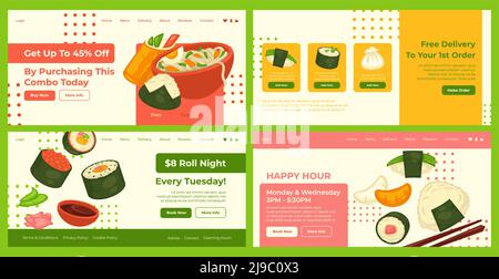 Web banner design set con offerta di consegna sushi Illustrazione Vettoriale
