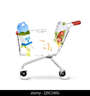 Immagine realistica isolata del carrello carrello con carrello con ruote e prodotti vista laterale con ombre su sfondo vuoto illustrazione vettoriale Illustrazione Vettoriale