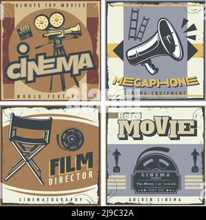 Composizione a quattro piazze in stile retrò con film cinematografici simboli registi di film sedia megafono illustrazione vettoriale Illustrazione Vettoriale