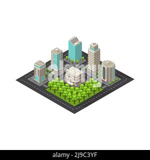 Modello paesaggistico isometrico della città con edifici moderni strada alberi verdi e piante illustrazione vettoriale Illustrazione Vettoriale