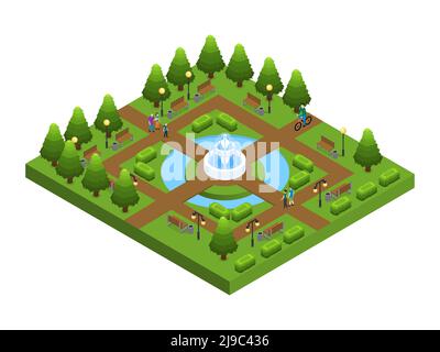 Concetto di parco cittadino verde isometrico con gente alberi cespugli lanterne panchine e fontana in centro illustrazione vettoriale Illustrazione Vettoriale