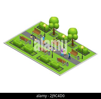 Concetto di parco cittadino isometrico con gente che cammina alberi verdi cespugli lanterne e banchi illustrazione vettoriale Illustrazione Vettoriale