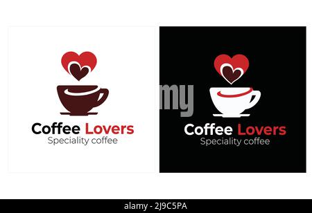 Logo vettore Coffee Lovers, tazza da caffè a forma di cuore di colore rosso e marrone, logo due volte con sfondo bianco e nero. Illustrazione Vettoriale