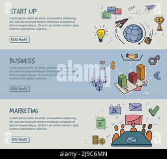 Striscioni orizzontali infografiche con doodle colorato con business start strategia finanziaria e illustrazione vettoriale degli elementi di marketing Illustrazione Vettoriale