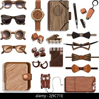 Set di accessori hipster in legno alla moda con occhiali da sole orologio usb flash custodie cuffie bow craves penna dumbbells isolato vettore illustrazione Illustrazione Vettoriale