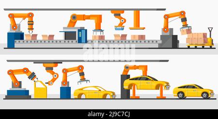 Striscioni orizzontali per robot di automazione industriale con confezionamento e macchinari automatizzati illustrazione vettoriale dei processi di produzione Illustrazione Vettoriale