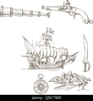 Set di elementi pirati disegnati a mano con scrigno a vela e jolly roger flag isolato vettore illustrazione Illustrazione Vettoriale