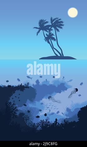 Colorata isola tropicale modello paesaggio con palme e sott'acqua illustrazione vettoriale del mondo marino Illustrazione Vettoriale