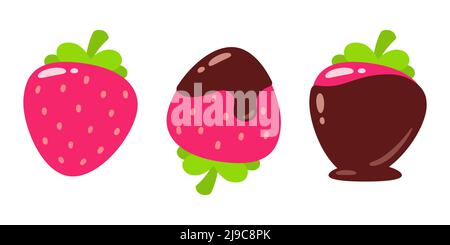 Cartone animato fragola immerso nel cioccolato. Set di illustrazioni per clip vettoriali. Illustrazione Vettoriale