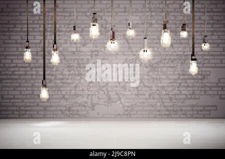 Lampadine vintage realistiche su sfondo con parete in mattoni grigi illustrazione vettoriale Illustrazione Vettoriale