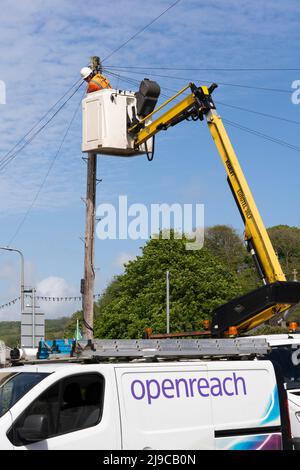 Un tecnico di riparazione Openreach che indossa i dispositivi di protezione individuale in un battitoio che ripara i cavi telefonici sospesi su un palo in legno BT in Galles, Regno Unito Foto Stock