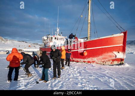 Un gruppo di turisti che sbarcano sul ghiaccio marino nel porto di Oqaatsut nella Groenlandia occidentale. Foto Stock