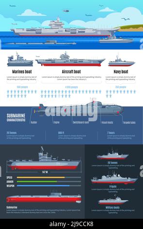 Infografiche della flotta militare con diversi tipi di navi da battaglia e. caratteristiche delle imbarcazioni navy illustrazione vettoriale Illustrazione Vettoriale