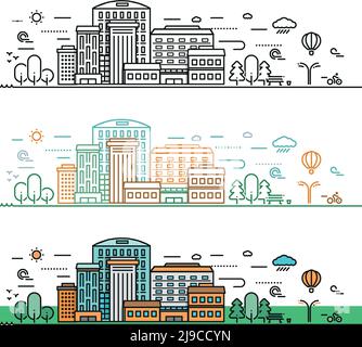 Concetto di paesaggio urbano lineare con edifici e parco in bianco e nero e un'illustrazione vettoriale di stile colorato Illustrazione Vettoriale