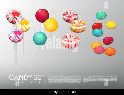 Caramelle rotonde luminose realistiche con diversi lollipop su e. senza bastoni illustrazione vettoriale isolata Illustrazione Vettoriale
