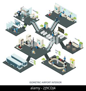 Composizione isometrica delle sale aeroportuali con personale di check-in al banco della dogana controllo delle porte di partenza lounge bar sala illustrazione vettoriale Illustrazione Vettoriale