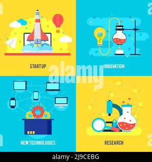 Sviluppo di business composizione piatta con lancio di razzi tecnologie innovative e. esperimenti scientifici illustrazione vettoriale Illustrazione Vettoriale