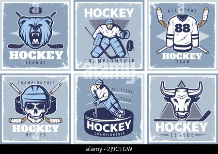 Sei poster quadrati campionato di hockey con composizioni di vecchio stile personaggi sportivi mascotte e vari accessori illustrazione vettoriale Illustrazione Vettoriale