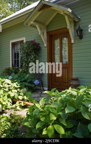 Vecchio circa 1900 Canadiana cottage stile casa facciata con verde oliva legno intonacato in estate. Foto Stock