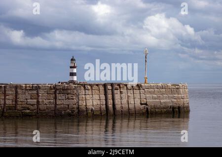 Iconico faro Seaham a righe sulle pareti del mare con riflessi nubi Foto Stock