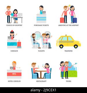 Concetto infografico di vacanza in famiglia con i passi principali di ogni avventura in un'illustrazione vettoriale di stile piatto Illustrazione Vettoriale