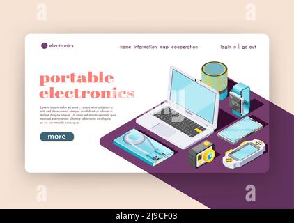 Landing page elettronica portatile che rappresenta gadget intelligenti e strumenti digitali e accessori per il loro uso illustrazione vettoriale isometrica Illustrazione Vettoriale