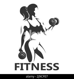 Logo Fitness in bianco e nero. Ragazza con Dumbbells isolato su sfondo bianco. Illustrazione vettoriale. Illustrazione Vettoriale