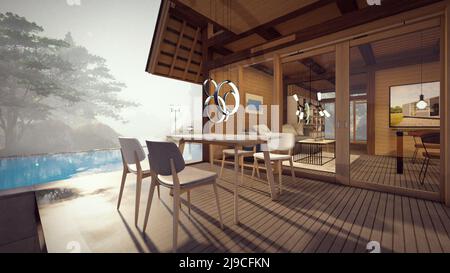 sala da pranzo in terrazza di legno di casa moderna con grande finestra confortevole disegno 3d illustrazione Foto Stock