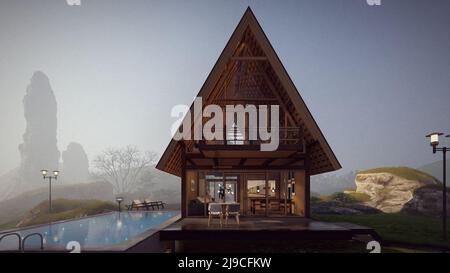 elevazione di lusso casa in legno con piscina e bella ecologia sfondo 3d illustrazione Foto Stock